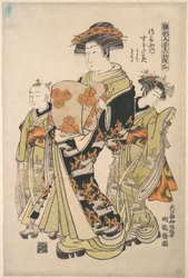 De courtisane Sugatami van het bordeel Tsuruya, uit de serie „Een patroonboek van de eerste ontwerpen van het jaar, fris als lentekruiden“ („Hinagata wakana no hatsu moyō“)