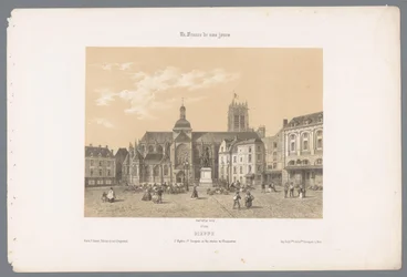 Zicht op de kerk Saint-Jacques en het standbeeld van Duquesne in Dieppe