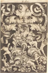 Ornament met bloem en acht wilde mensen