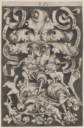 Staand ornament met acht naakte mannen