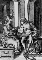 Een vrouw die zingt terwijl een man een luit speelt (gravure)