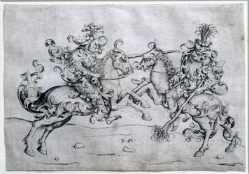 Twee ruiters spelen. Spel van twee mannen te paard. Tekening door Israel Van Meckenem (ca. 1440-1503). Louvre Museum