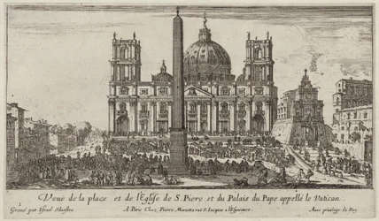 Uitzicht op het plein en de kerk van S. Piere en het pauselijk paleis genaamd het Vaticaan
