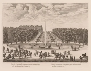 Uitzicht op het Kasteel van Versailles, vanaf de kant van de laan en de Drakenfontein
