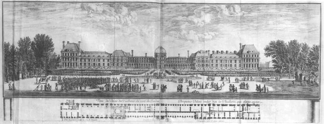 Uitzicht op het Palais des Tuileries vanuit de tuinen (gravure)