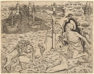 Sint Hiëronymus in boetedoening, met twee schepen in een haven