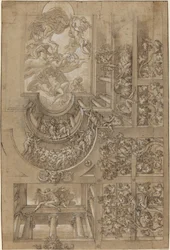 Illusionistisch plafond met een druivenprieel, figuren op galerijen en een centrale scène van Olympische goden