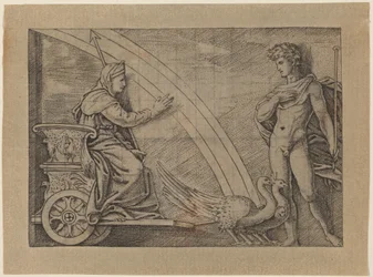 Juno in een wagen getrokken door pauwen