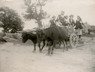 Familie op ossenkar, Sardinië, Italië, ca 1910