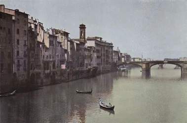 Florence: Florence, Uitzicht op de Arno met de S. Trinita brug (ingekleurde foto)