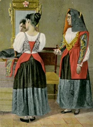 Twee vrouwen in traditionele kostuums, Sennori, Sardinië, Italië, foto door G Dessi, Cagliari