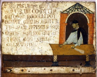 Een camerlengo, die de betaling van belastingen voorstelt. Biccherna (omslag van het boekhoudregister van de stad Siena) uit 1270. Staatsarchief, Museo delle Tavolette di Biccherna, Siena.