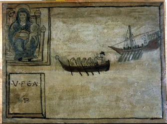 Een Napolitaanse boot wordt achtervolgd door een barbaars galjoen. Ex voto uit 1612 van de Kerk van de Madonna dell