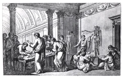 Een anatomieschool in de oudheid, uit Tabulae Anatomicae door Pietro Berrettini da Cortona (1596-1669) gepubliceerd in Rome, 1778