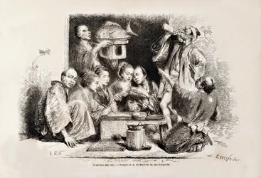 Een klein feestje sake drinken, uit de Italiaanse editie van Tour du Monde, 1869