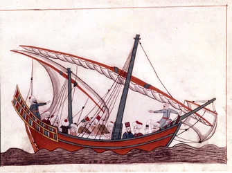 Een Turkse boot. Miniatuur uit "Turkse Herinneringen" (codex Cicogna 1971 "Memorie Turchesche") Aquarel uit de 17e eeuwse Venetiaanse school.