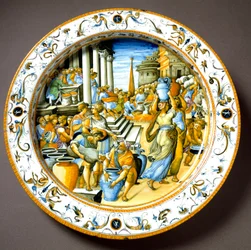 Een congiarium in het oude Rome (gratis uitdeling van wijn en olie aan het volk). Keramische schaal, rond 1550 vervaardigd in Urbino in het atelier Fontana, Italië. Florence, Museo Nazionale del Bargello