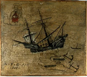Een galei gooit ankers en twee kanonnen om los te komen tijdens een storm. Ex voto van 1610 van de kerk van de Madonna dell