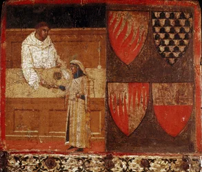 Een belastinginner en een belastingbetaler. Anoniem schilderij op hout ter versiering van een Biccherna, de omslag van het boekhoudregister van de stad Siena, uit 1340. Nationaal Archief - Museo delle Tavolette di Biccherna, Siena.