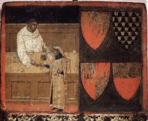 Een belastinginner en een belastingbetaler, Biccherna (omslag van het boekhoudregister van de stad Siena) uit 1340. Nationaal Archief - Museo delle Tavolette di Biccherna, Siena.
