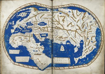 Kaart van de wereld, uit Insularium Illustratum, door Enrico Martello, een verslag van de eilanden, voornamelijk van de Middellandse Zee, met gekleurde plannen, Italiaans, ca. 1470 (perkament)