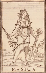 "Allegorie van muziek" Pagina uit "Somma di tutte le scienze" essay door Aurelio Marinati (16e eeuw)