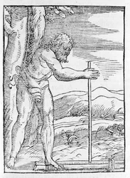 Een Indiaanse Tainos maakt vuur door twee stukken hout tegen elkaar te wrijven (gravure uit 