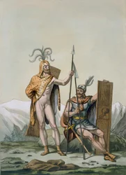 Oude Keltische krijgers gekleed voor de strijd, ca. 1800-18