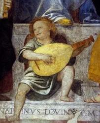 Engel muzikant die luit speelt. Detail van een 17e-eeuwse fresco uit een kerk in Milaan.
