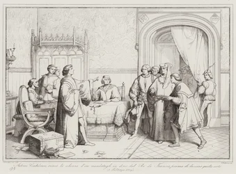 Antonio Condulmero weigert de gouden ketting die hem door de koning van Frankrijk is gestuurd, voordat hij vertrekt (gravure)