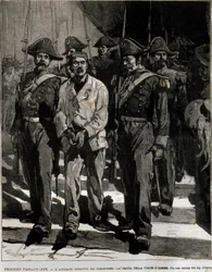 Arrestatie van Giovanni Passannante (1849-1910) die de aanslag op de Italiaanse koning Umberto I in Napels in 1878 uitvoerde. Dit evenement inspireerde de dichter Giovanni Pascoli (1855-1912) in een Ode. Gravure van de 19e eeuw