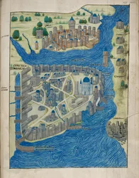 Arundel 93 fol.155 Kaart van Constantinopel en Pera, uit 