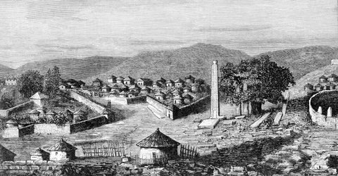 Axoum (Aksoum), de religieuze hoofdstad van Ethiopië, circa 1850. Naar een tekening van ontdekkingsreiziger Gustavo Bianchi