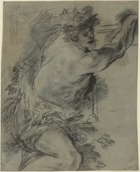 Bacchus (zwart krijt met grijs gewassen op blauw papier)