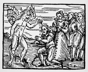 Doop door de duivel, kopie van een illustratie uit Compendium Maleficarum door Fr M Guaccius, Milaan 1608, gebruikt in History of Magic, gepubliceerd eind 19e eeuw