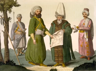 Bascia (Militaire Commandant) een Bascia in Gevechtskleding, Lijfwacht van de Bascia en Page, plaat 18 uit Deel III, Volume I van De Geschiedenis van de Naties, gegraveerd door D.K. Bonatti