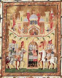 Slag bij de muren van Jeruzalem, uit Descriptio Terrae Sanctae door Burcardus Theutonicus of Burchard van Mount Sion