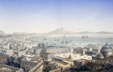 Vogelvlucht van Koninklijk Paleis en Piazza Plebiscito in Napels, Italië