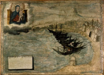 Boten kunnen stranden aan de kust. Ex voto uit de 17e eeuw van de Kerk van de Madonna dell