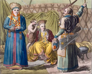 Buryat familie in een interieur, uit Costume dei... door Giulio Ferrario, c.1820s-30s
