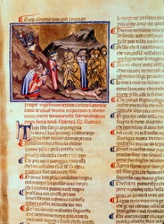 Canto XXIII Dante en Vergilius in de Cirkel van de Huichelaars, met Kajafas gekruisigd op de grond, uit de Goddelijke Komedie (de Inferno), ca.1313