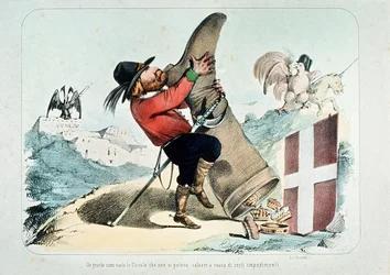 Karikatuur van Giuseppe Garibaldi die een laars vol kronen leegt, door Litografia Perrotta