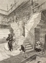 Kasteel binnenplaats, middeleeuws dorp in Turijn, Italië, gravure door Bonamore uit L