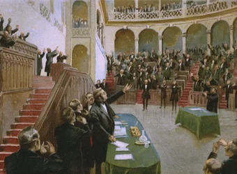 Cavour laat het eerste Italiaanse nationale parlement koning Victor Emmanuel II (1820-78) toejuichen op 18 februari 1861, illustratie uit een album over de geschiedenis van Risorgimento gemaakt voor de chocolade Talmone, eind 19e eeuw