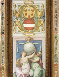 Plafonddecoratie met twee vrouwelijke figuren die een wereldbol ondersteunen: boven is een afbeelding van het Medici-wapen