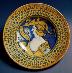 Keramische plaat gedecoreerd met de voorstelling van Scipio l