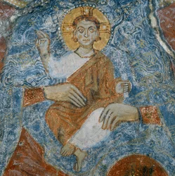 Christus, detail van de fresco van de Madonna en Kind met engelen Raffael en Gabriel