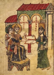 Codex 73 Abt Johannes biedt het manuscript aan Sint Benedictus (ca. 480-ca. 550), abt en stichter van Montecassino, geschreven door diaken Paulus, Italiaans, 915, uit het Commentaar op de kloosterregels van Sint Benedictus