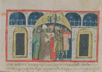 Codex Correr I 383 De Vrede tussen Paus Alexander III (1159-81) en Keizer Frederik Barbarossa (c.1123-1190) op het San Marcoplein