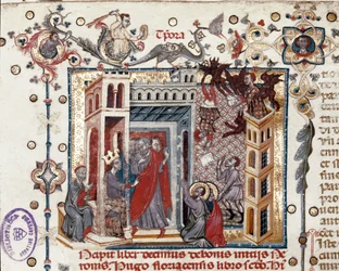 Codices Cavenses, Cod.25 f.181, Simon Magus, de Keizer Nero, en de Apostelen, miniatuur uit Speculum Historiale, Deel I, door Vincent de Beauvais, c.1320